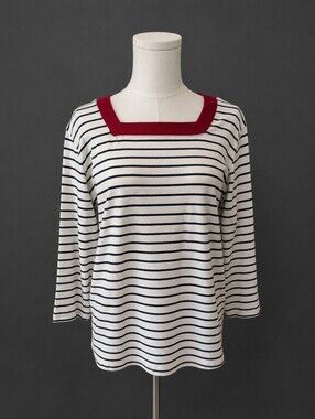 Women's White Navy Striped Long Sleeve Top with Red Square Neck- Made In Quebec